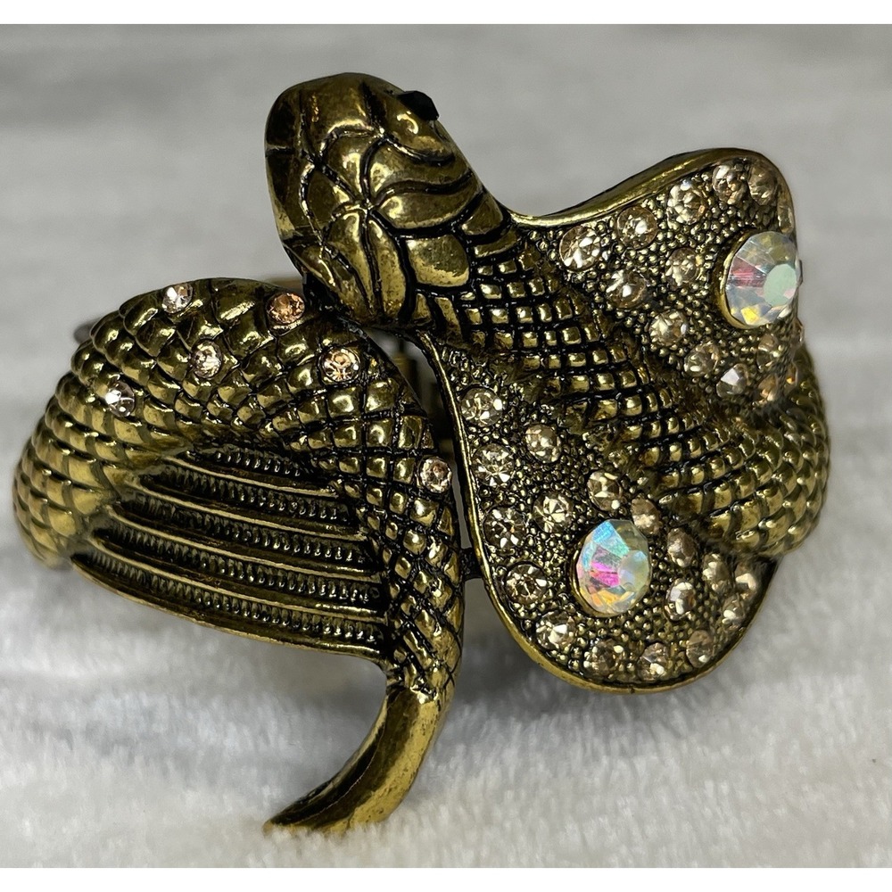 Gold Tone Multi Rhinestones Encrusted Colorful Snake Cuff Bracelet Cobra Serpent